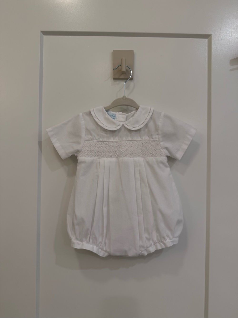 Petit Ami White Smocked Baby Bubble with Peter Pan Collar